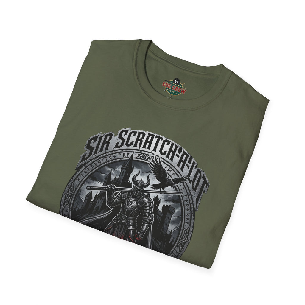 Sir Scratch-A-Lot Funny Billiards T-Shirt | Medieval Pool Knight Graphic | Front Only Print Unisex Tee