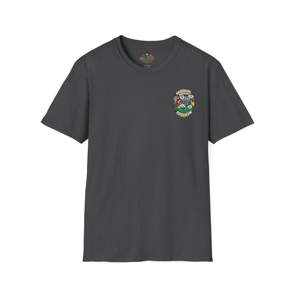 Saturday Morning Pool Fun Retro Comic Billiards T-Shirt | Funny Pool Player Graphic Tee | Front & Back Print