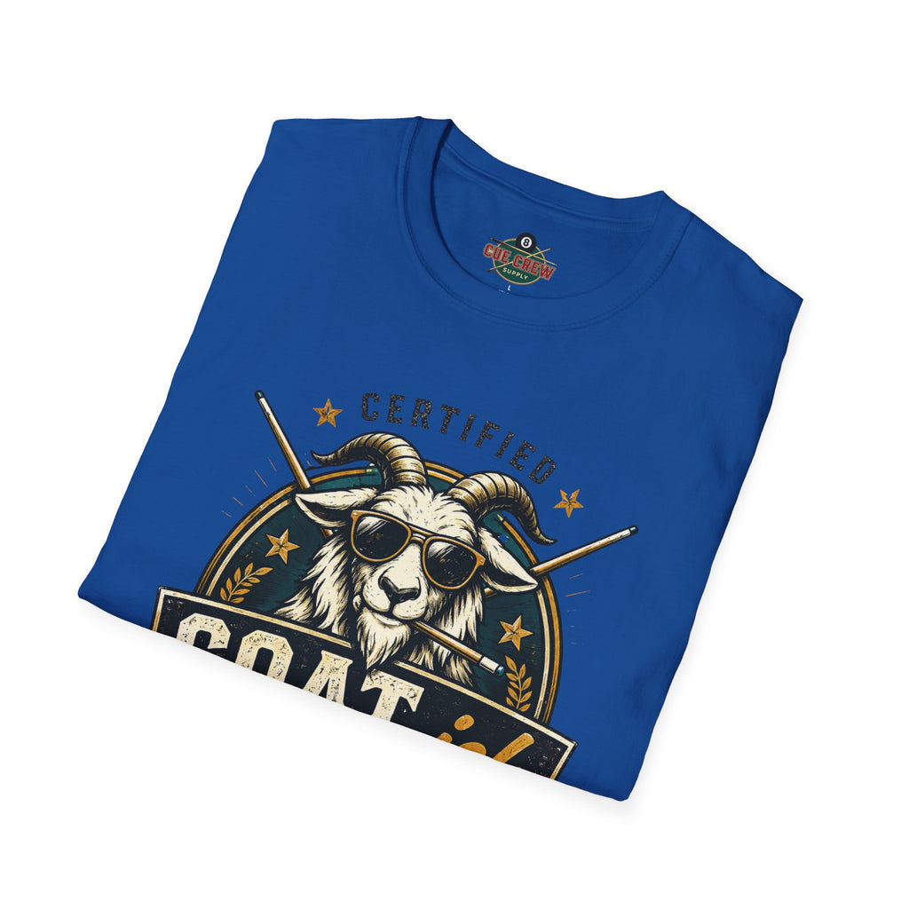 Certified GOAT-ish Funny Billiards T-Shirt | Pool Player Graphic Unisex Tee | 8 Ball Goat Design - Front Only