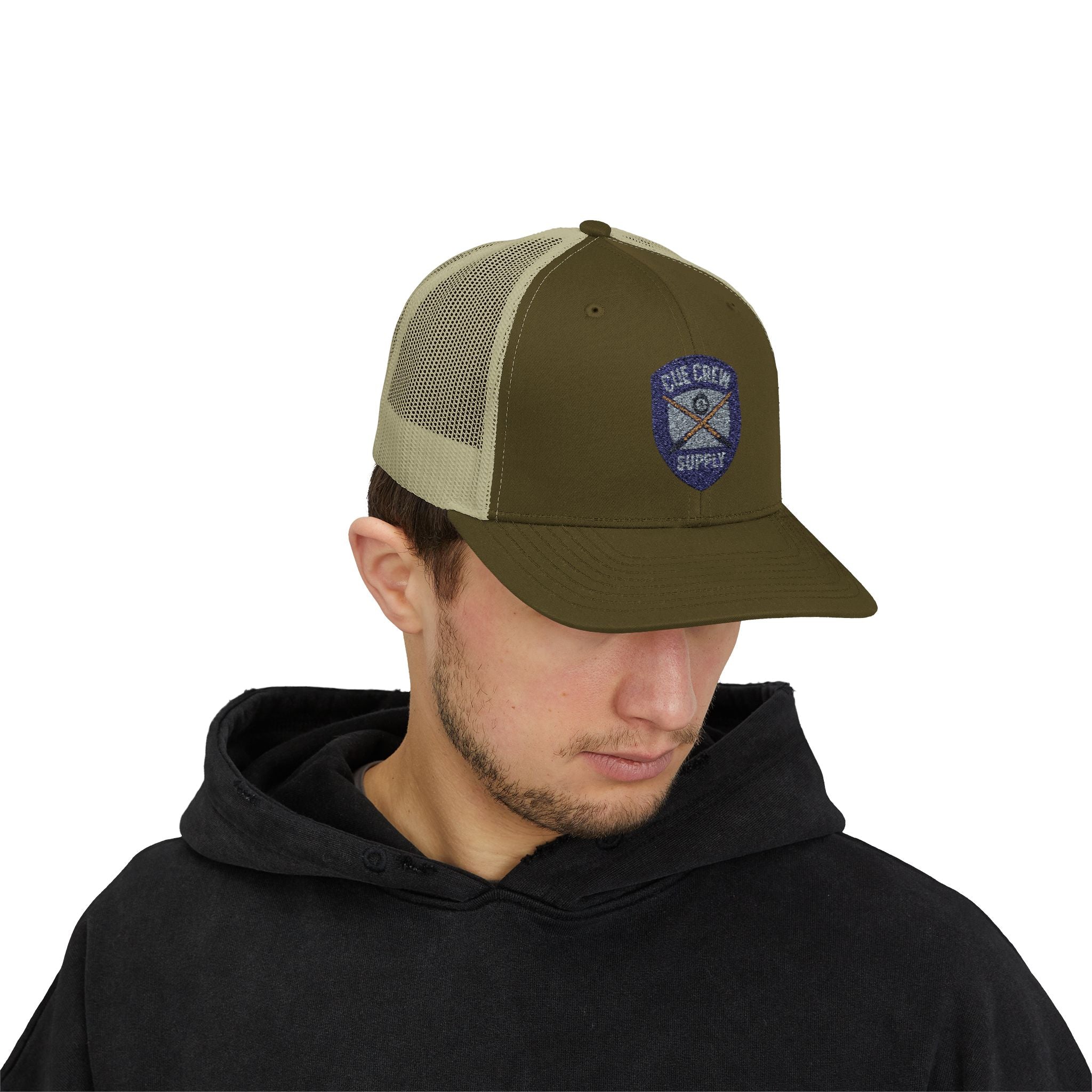 Cue Crew Supply V1 Embroidered Patch Trucker Hat - Yupoong