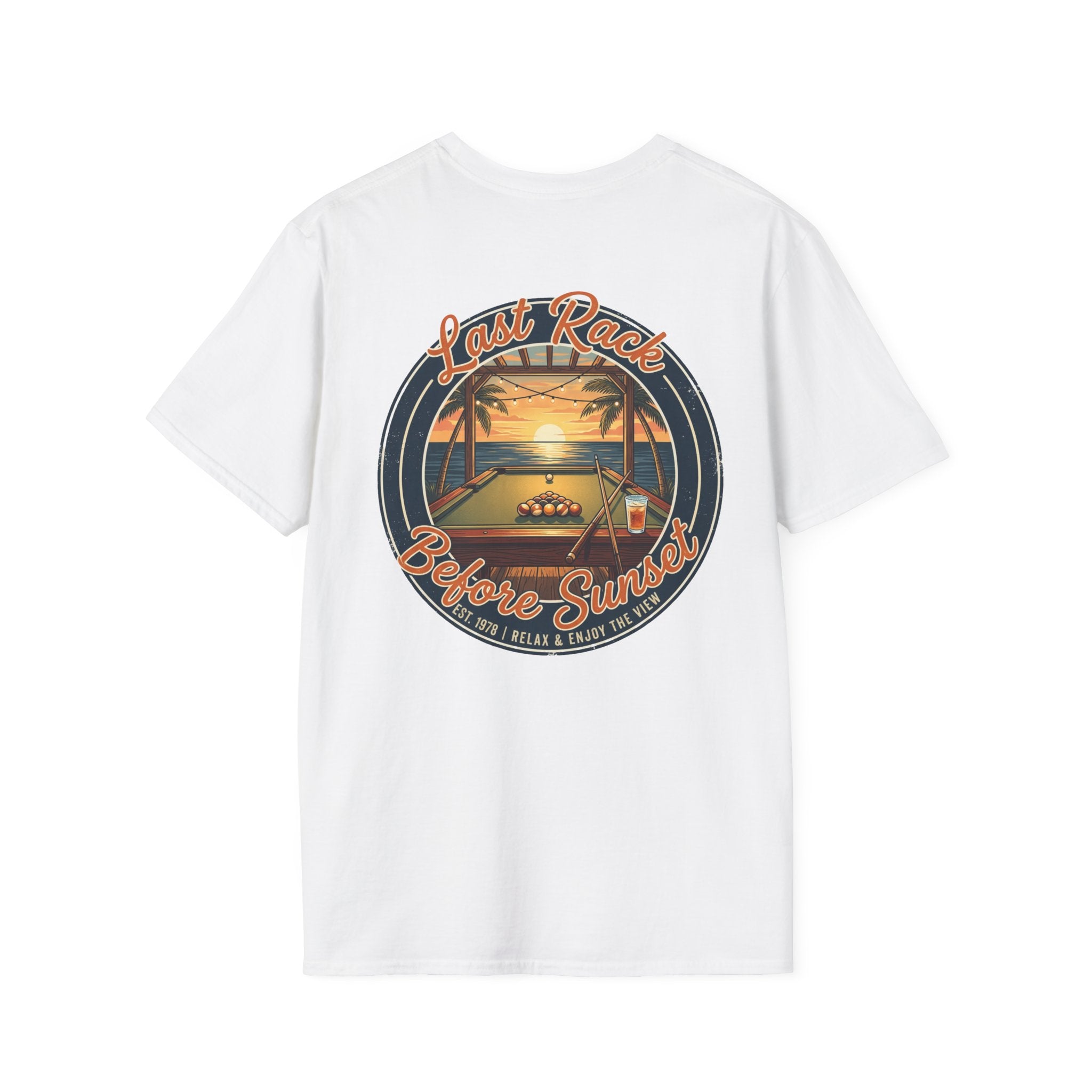 Last Rack Before Sunset Billiards T-Shirt | Tropical Pool Player Beach Graphic Tee | Front & Back Print