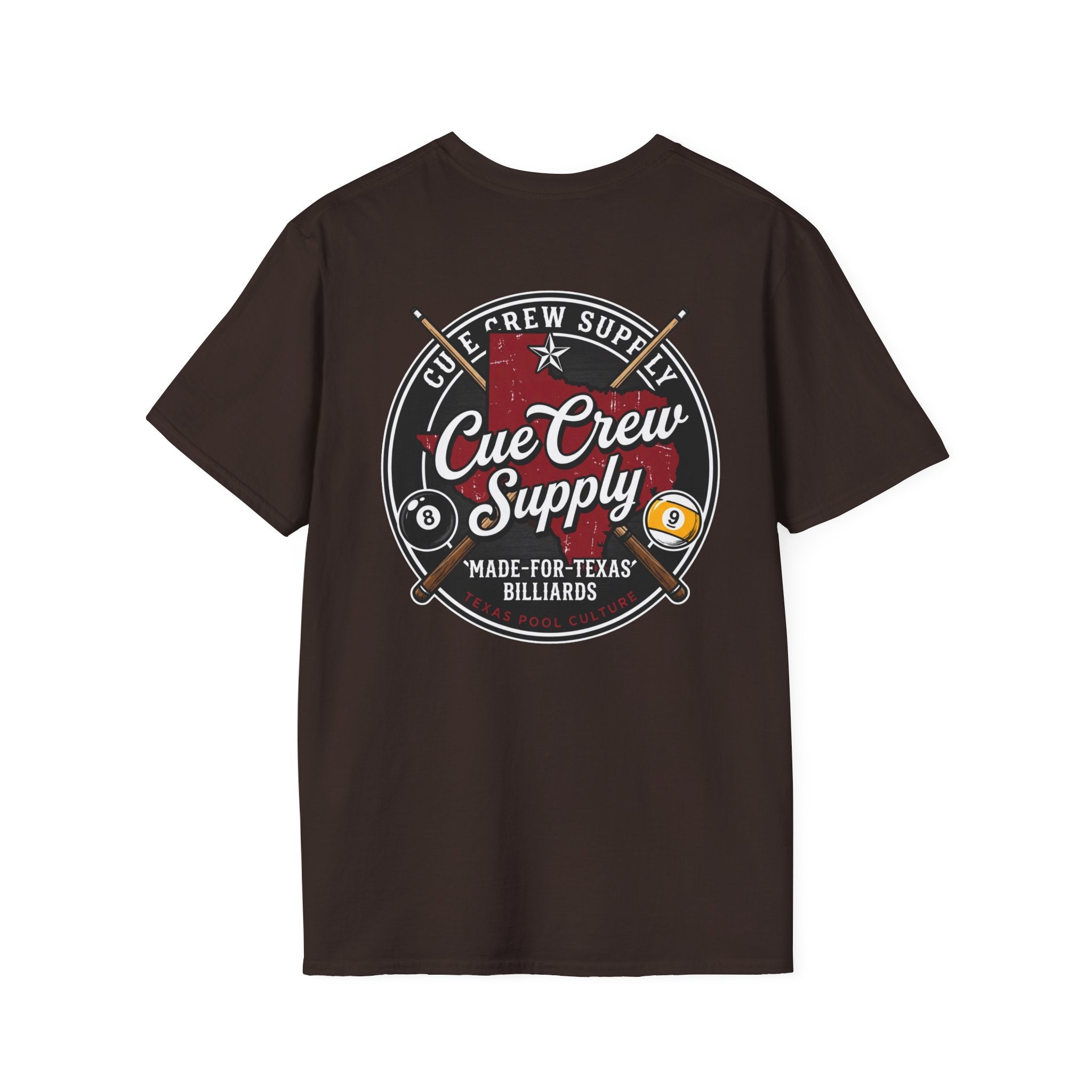 Cue Crew Supply Texas Billiards T-Shirt | Made for Texas Pool Players Graphic Tee | Front & Back Print
