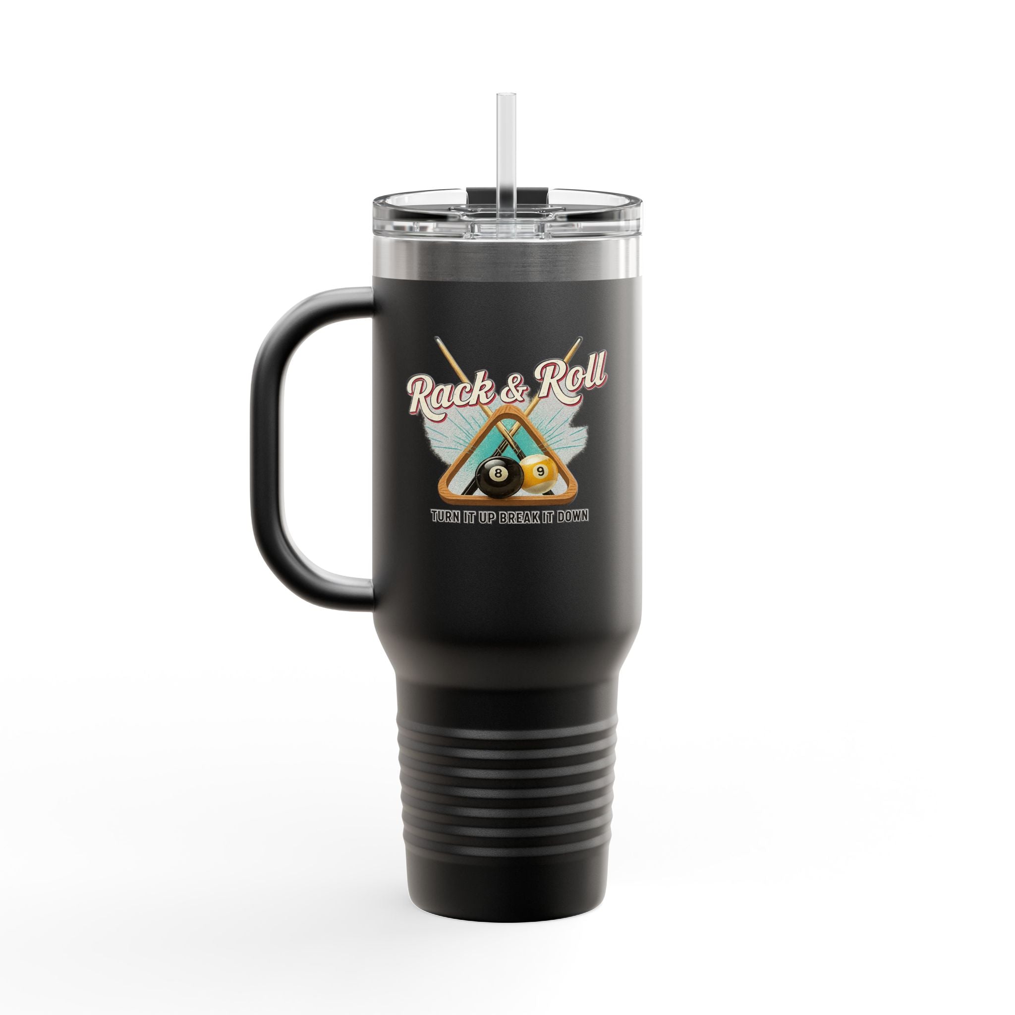 Rack & Roll v2 40oz Insulated Travel Mug – Pool Cue Billiards Design,