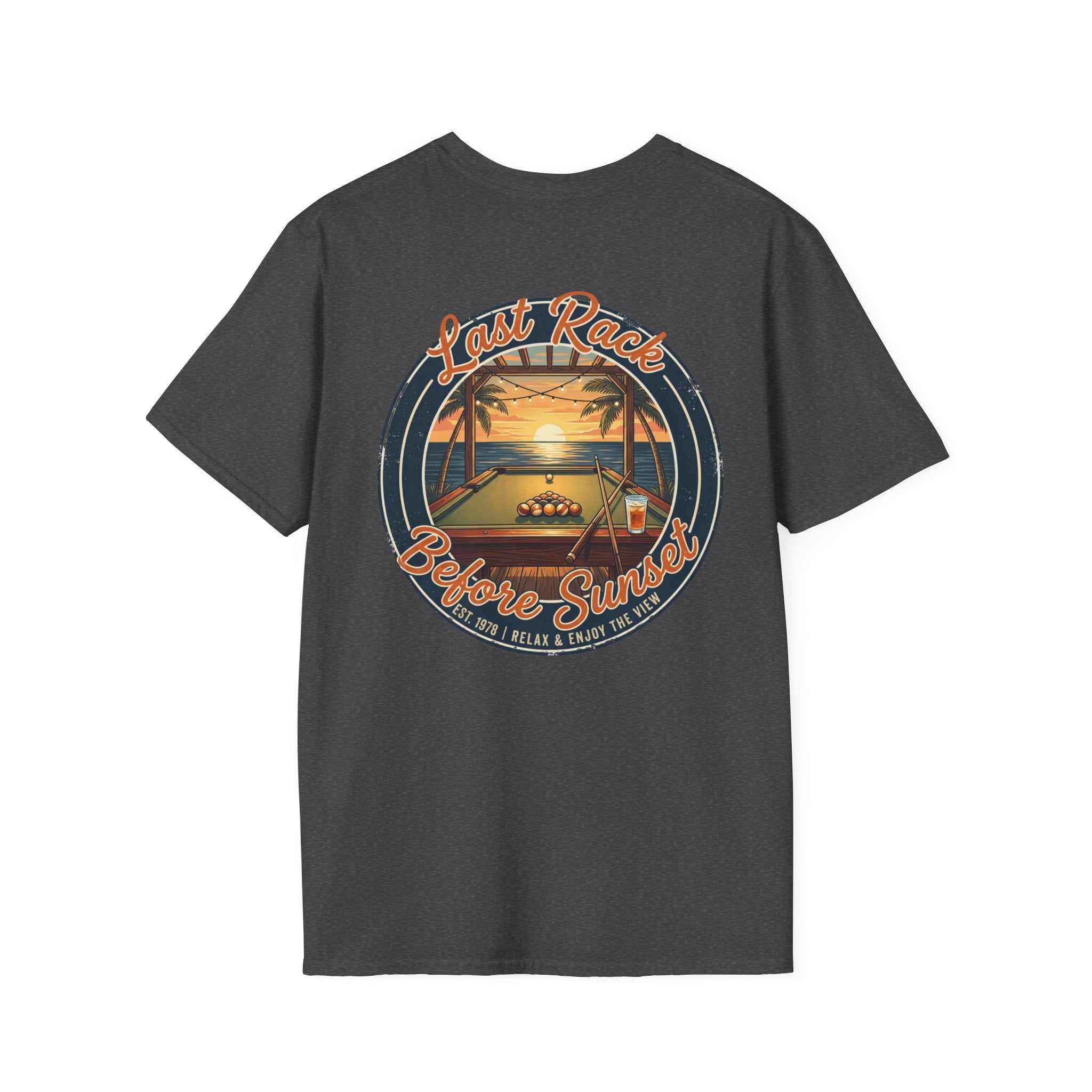 Last Rack Before Sunset Billiards T-Shirt | Tropical Pool Player Beach Graphic Tee | Front & Back Print