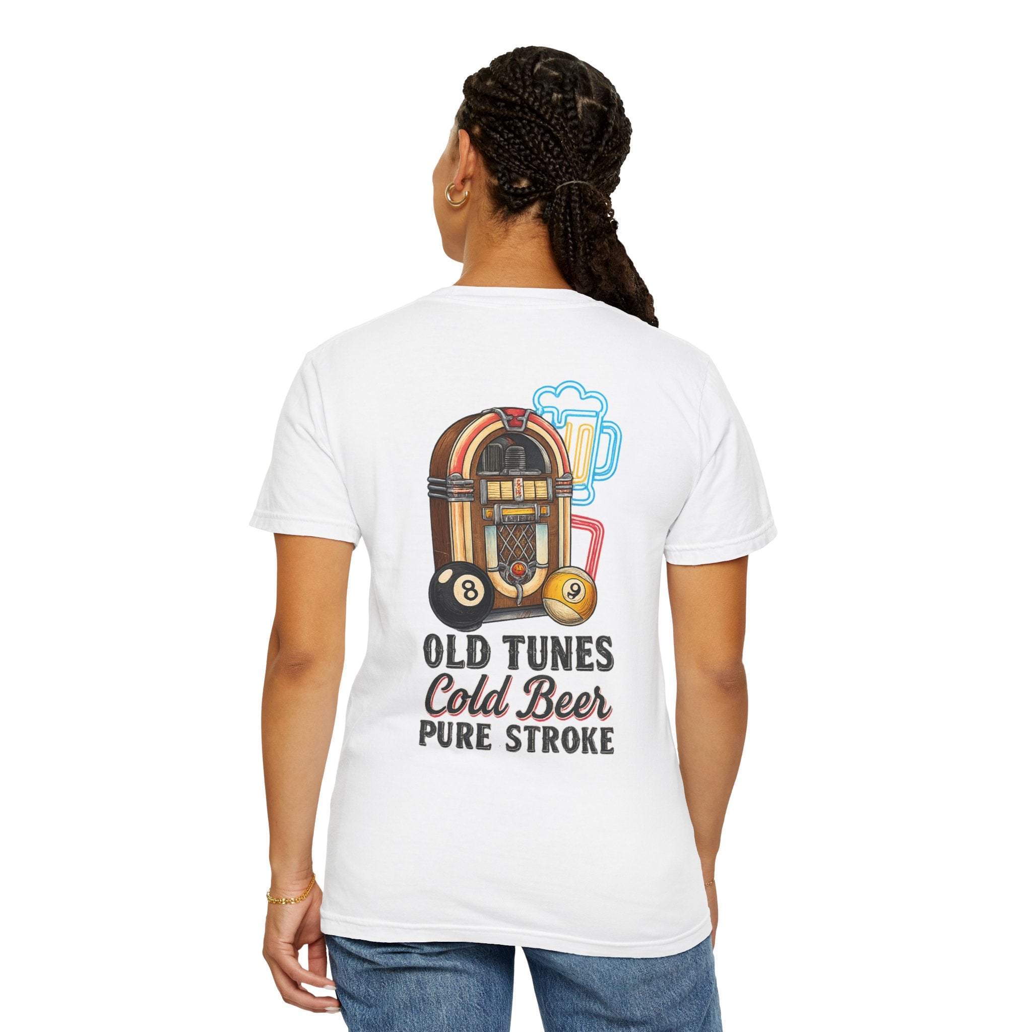 Old Tunes Cold Beer Pure Stroke Retro Music & Pool Comfort Colors Tee