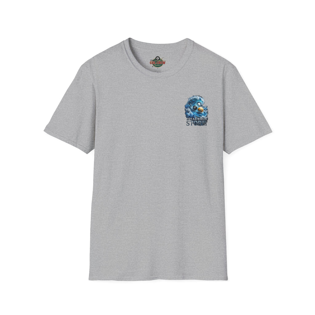 Break & Run Storm Billiards T-Shirt | Ocean Wave Pool Player Graphic Tee | Front & Back Print