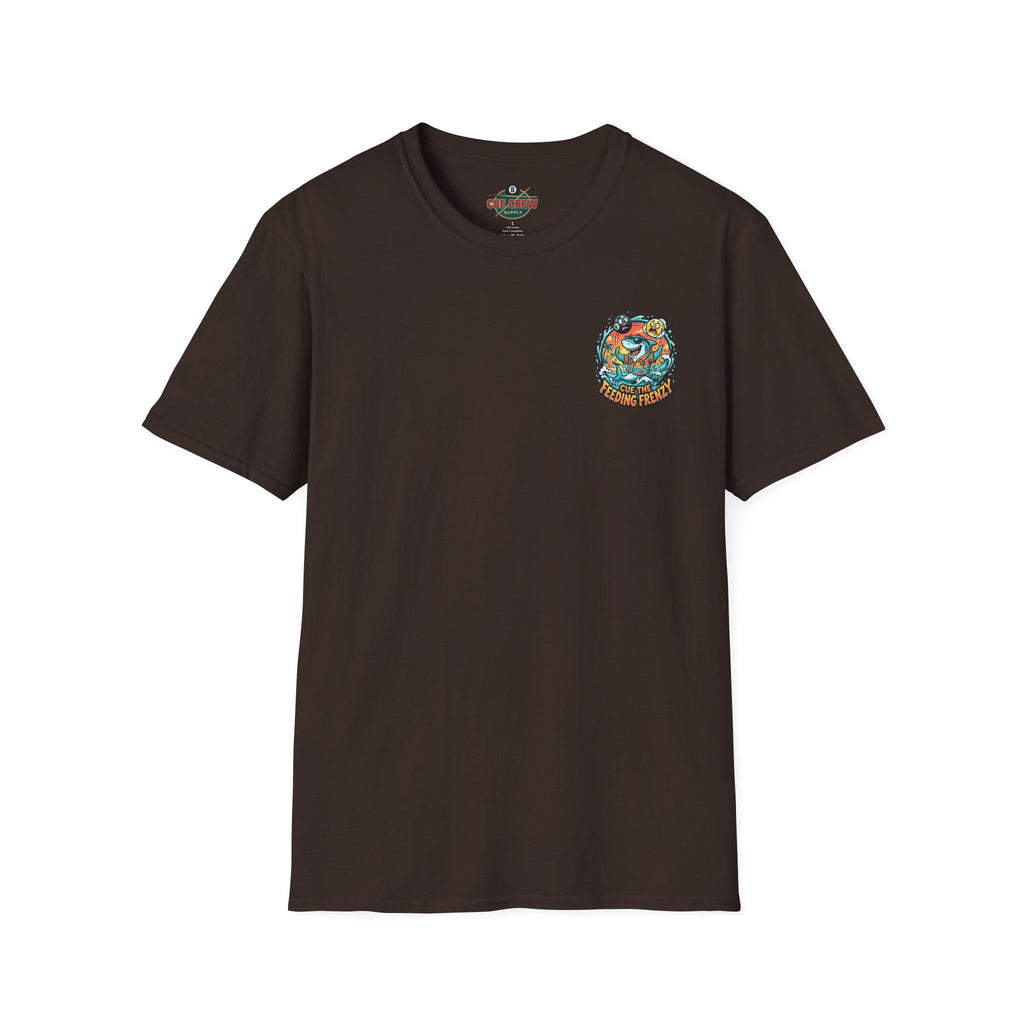 Cue the Feeding Frenzy Shark Billiards T-Shirt | Tropical Pool Player Graphic Tee | Front & Back Print