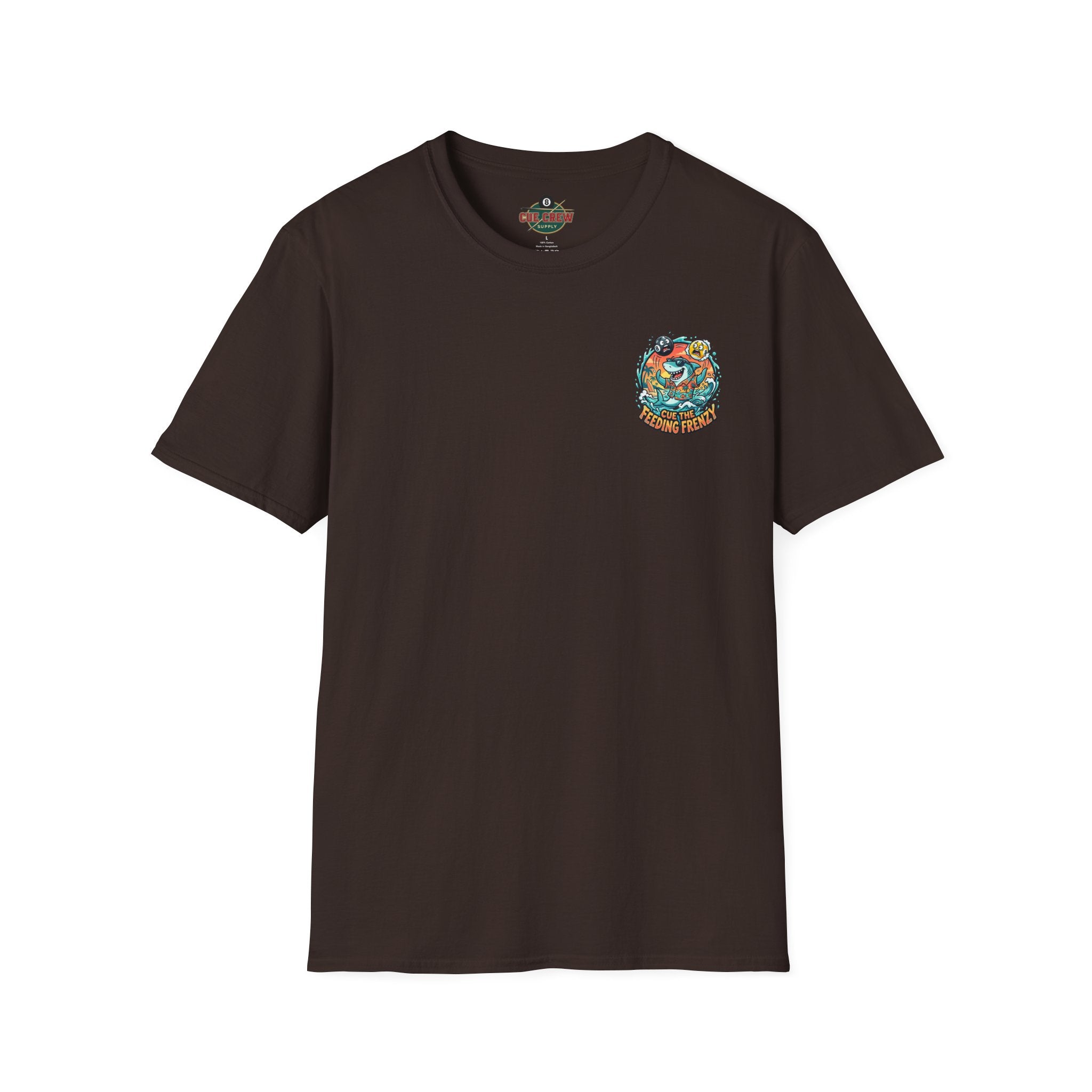 Cue the Feeding Frenzy Shark Billiards T-Shirt | Tropical Pool Player Graphic Tee | Front & Back Print