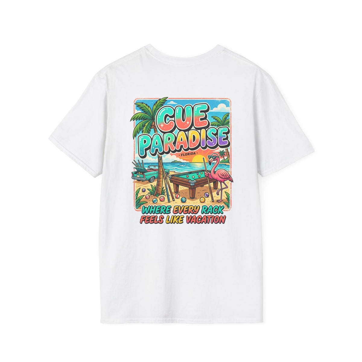 Cue Paradise Florida Billiards T-Shirt | Tropical Pool Player Beach Graphic Tee | Front & Back Print