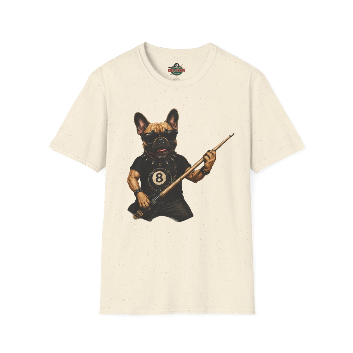Rockin' French Bulldog Playing Cue Guitar Funny Billiards T-Shirt | Pool Dog Graphic Front Print Unisex Tee