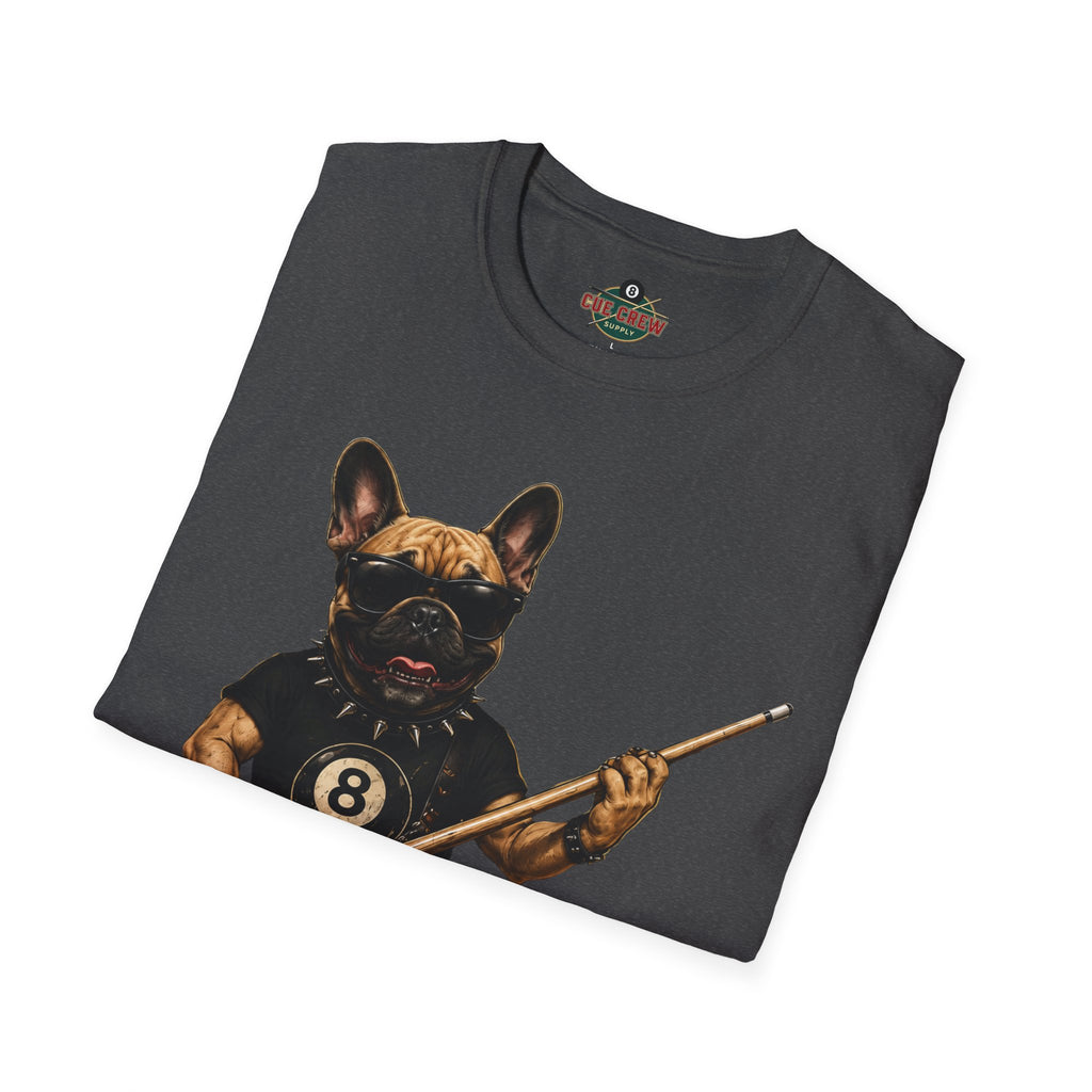 Rockin' French Bulldog Playing Cue Guitar Funny Billiards T-Shirt | Pool Dog Graphic Front Print Unisex Tee