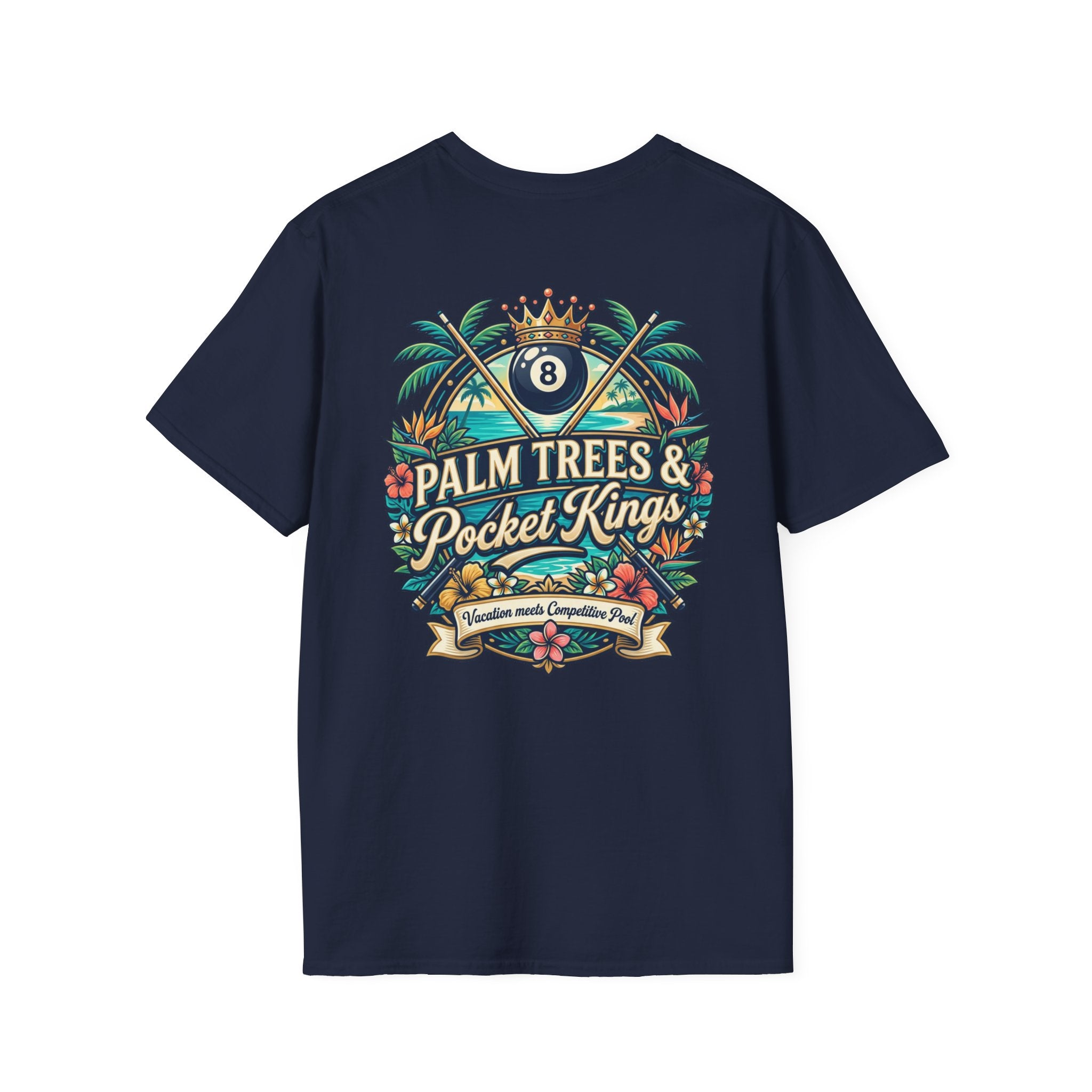 Palm Trees & Pocket Kings Billiards T-Shirt | Tropical Pool Player Graphic Tee | Vacation Pool Hall Shirt | Front & Back Print