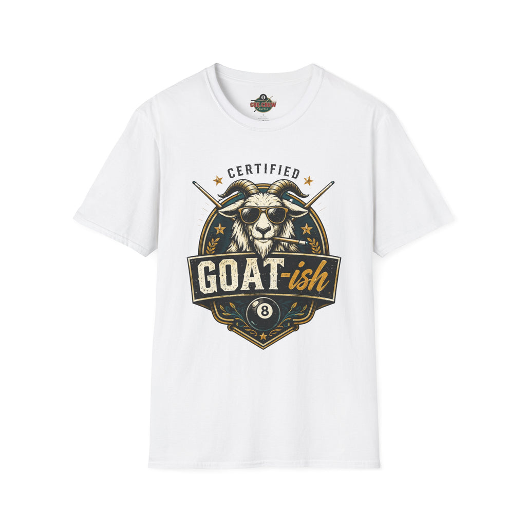 Certified GOAT-ish Funny Billiards T-Shirt | Pool Player Graphic Unisex Tee | 8 Ball Goat Design - Front Only