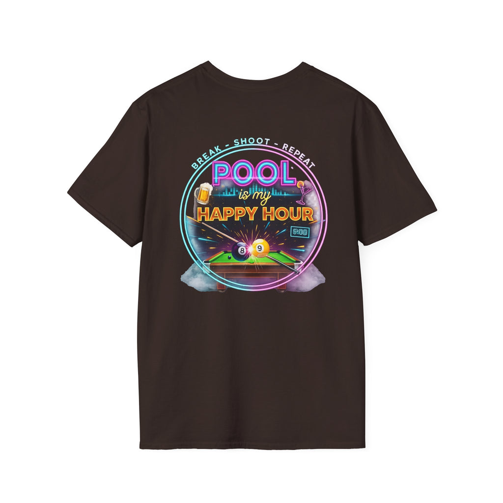 Pool Is My Happy Hour Funny Billiards T-Shirt | Neon Pool Hall Graphic Tee | Front & Back Print