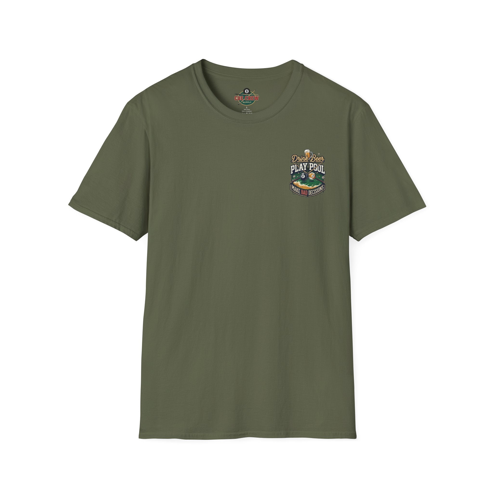 Drink Beer Play Pool Make Bad Decisions Funny Billiards T-Shirt | Vintage Beer & 8 Ball Graphic Tee | Front & Back Print