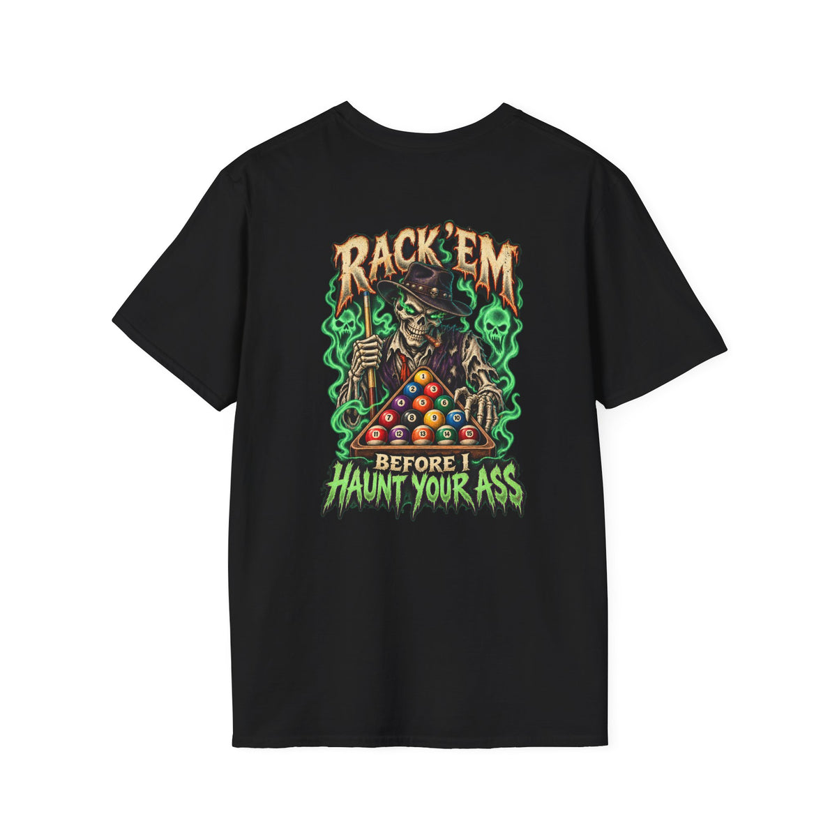 Rack ’Em Before I Haunt Your Ass – Halloween Billiards T-Shirt – Skeleton Pool Player Tee