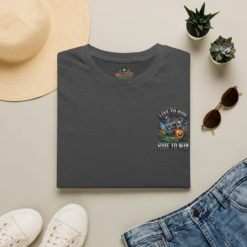 Live to Ride. Ride to Win. Biker Billiards T-Shirt | Motorcycle Pool Player Graphic Tee | Front & Back Print