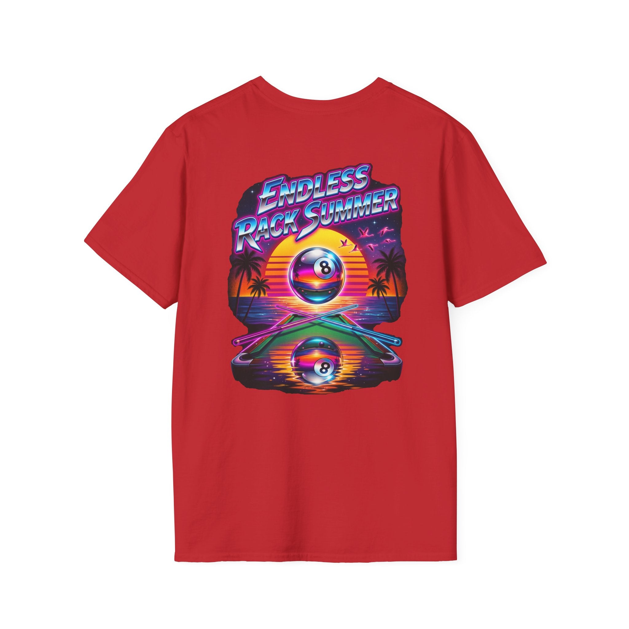 Endless Rack Summer Retro Sunset Billiards T-Shirt | Tropical 8 Ball Pool Player Graphic Tee | Front & Back Print