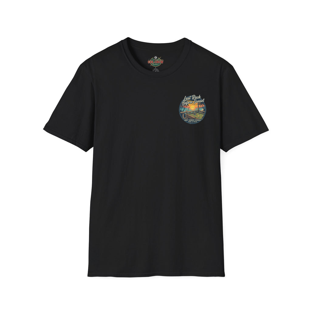 Last Rack Before Sunset Billiards T-Shirt | Tropical Pool Hall Sunset Graphic Tee | Beach Vibes Pool Player Shirt