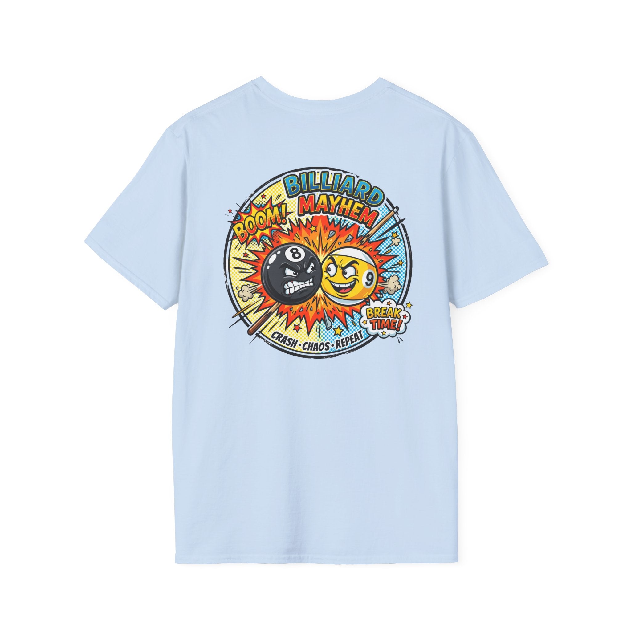 Billiard Mayhem Comic Pool Player T-Shirt | Boom! Break Time! Funny 8 Ball & 9 Ball Graphic Tee | Front & Back Print