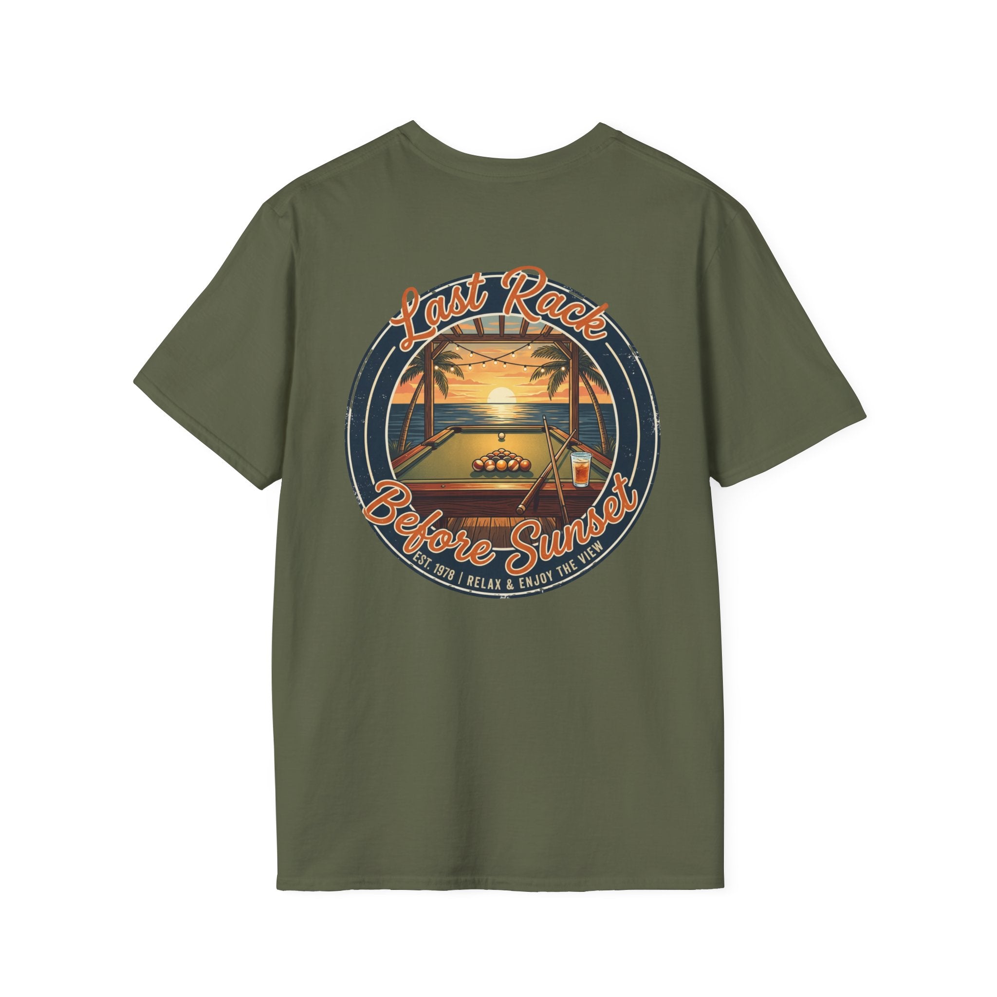 Last Rack Before Sunset Billiards T-Shirt | Tropical Pool Player Beach Graphic Tee | Front & Back Print