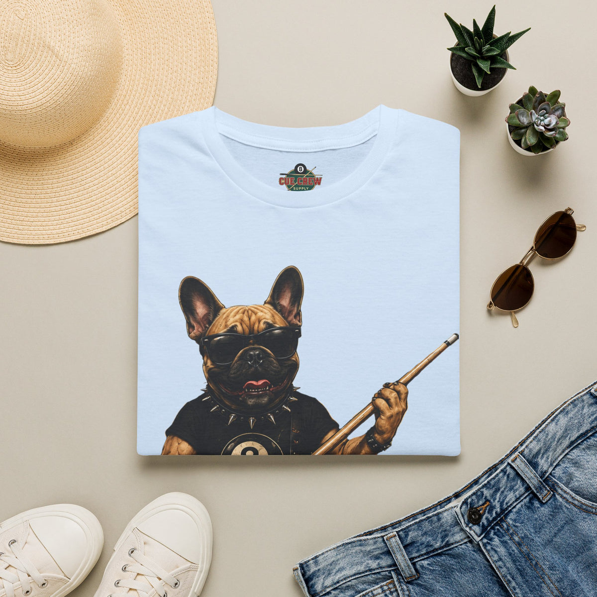 Rockin' French Bulldog Playing Cue Guitar Funny Billiards T-Shirt | Pool Dog Graphic Front Print Unisex Tee