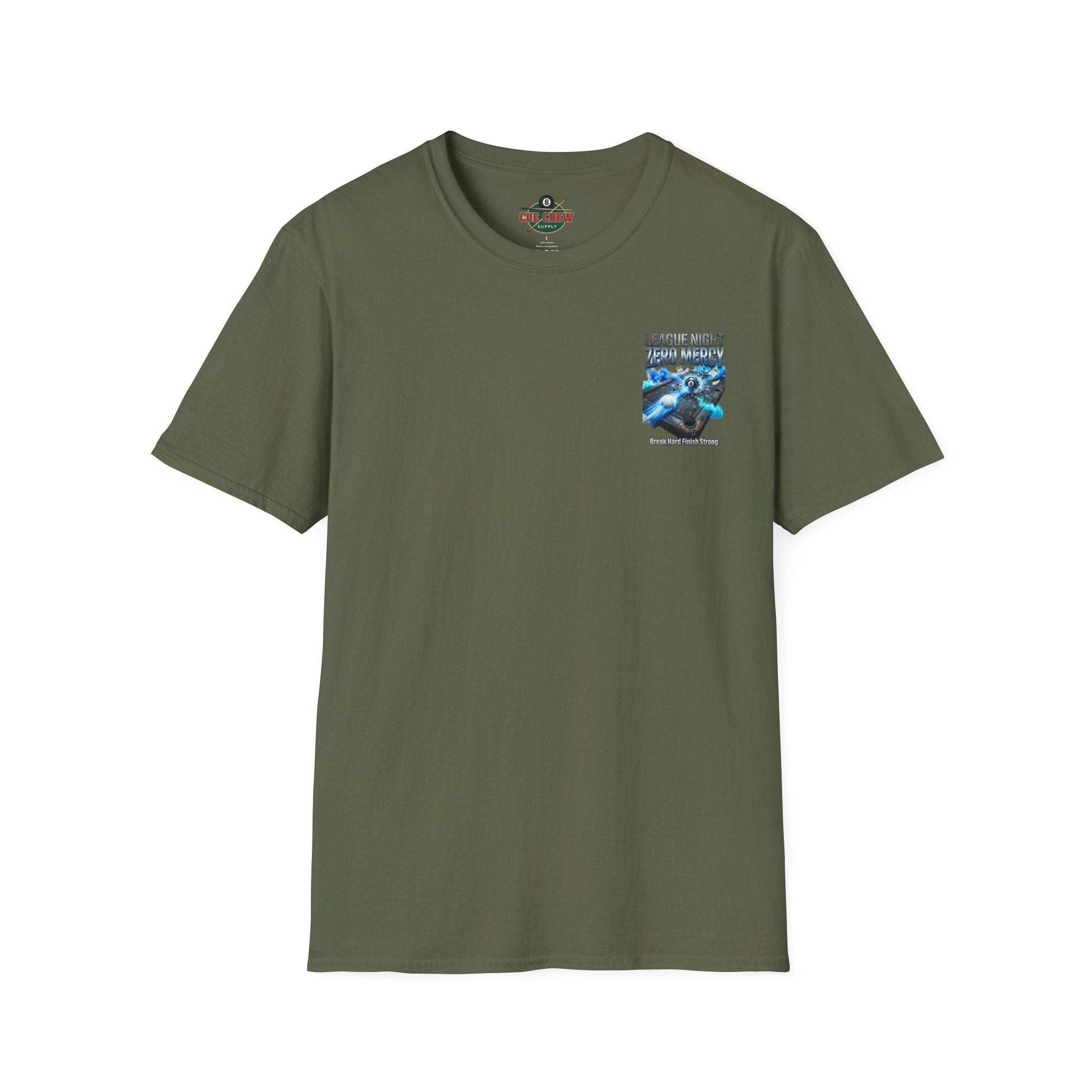 League Night Zero Mercy Billiards T-Shirt | Break Hard Finish Strong Pool Player Graphic Tee | Front & Back Print
