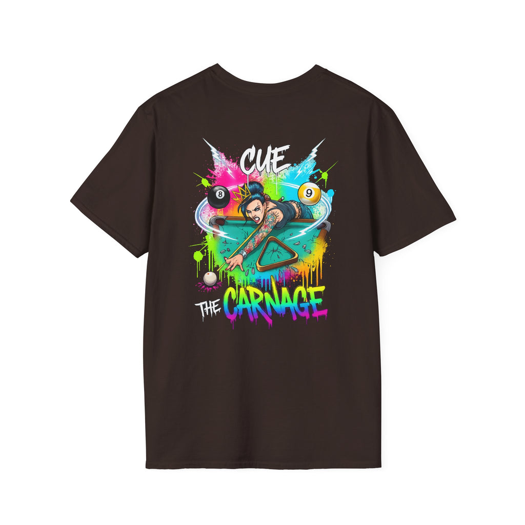 Cue the Carnage Funny Billiards T-Shirt – Tattooed Pool Shark Graphic Tee | Front & Back Print
