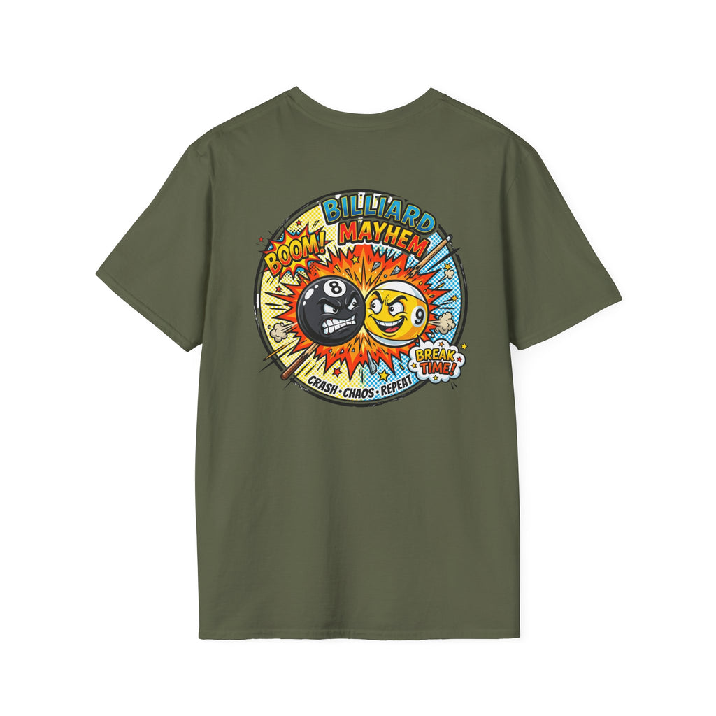 Billiard Mayhem Comic Pool Player T-Shirt | Boom! Break Time! Funny 8 Ball & 9 Ball Graphic Tee | Front & Back Print