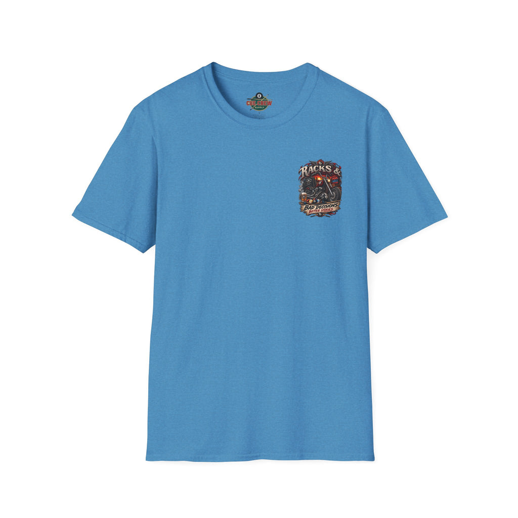 Racks & Bad Decisions Better Stories – Biker Billiards T-Shirt – Front & Back Pool Tee