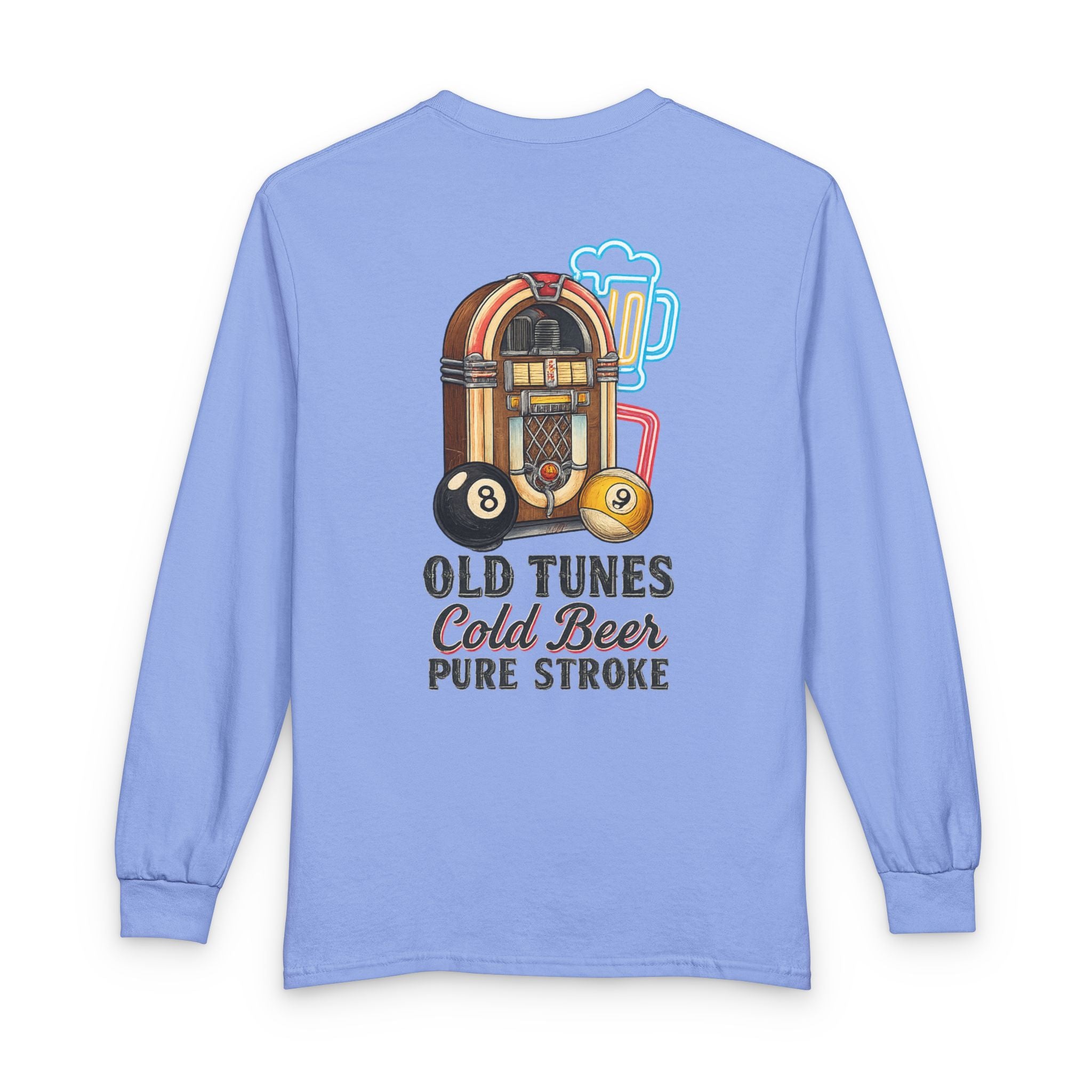 Old Tunes, Cold Beer, Pure Stroke Vintage Jukebox Billiards Long Sleeve Tee
