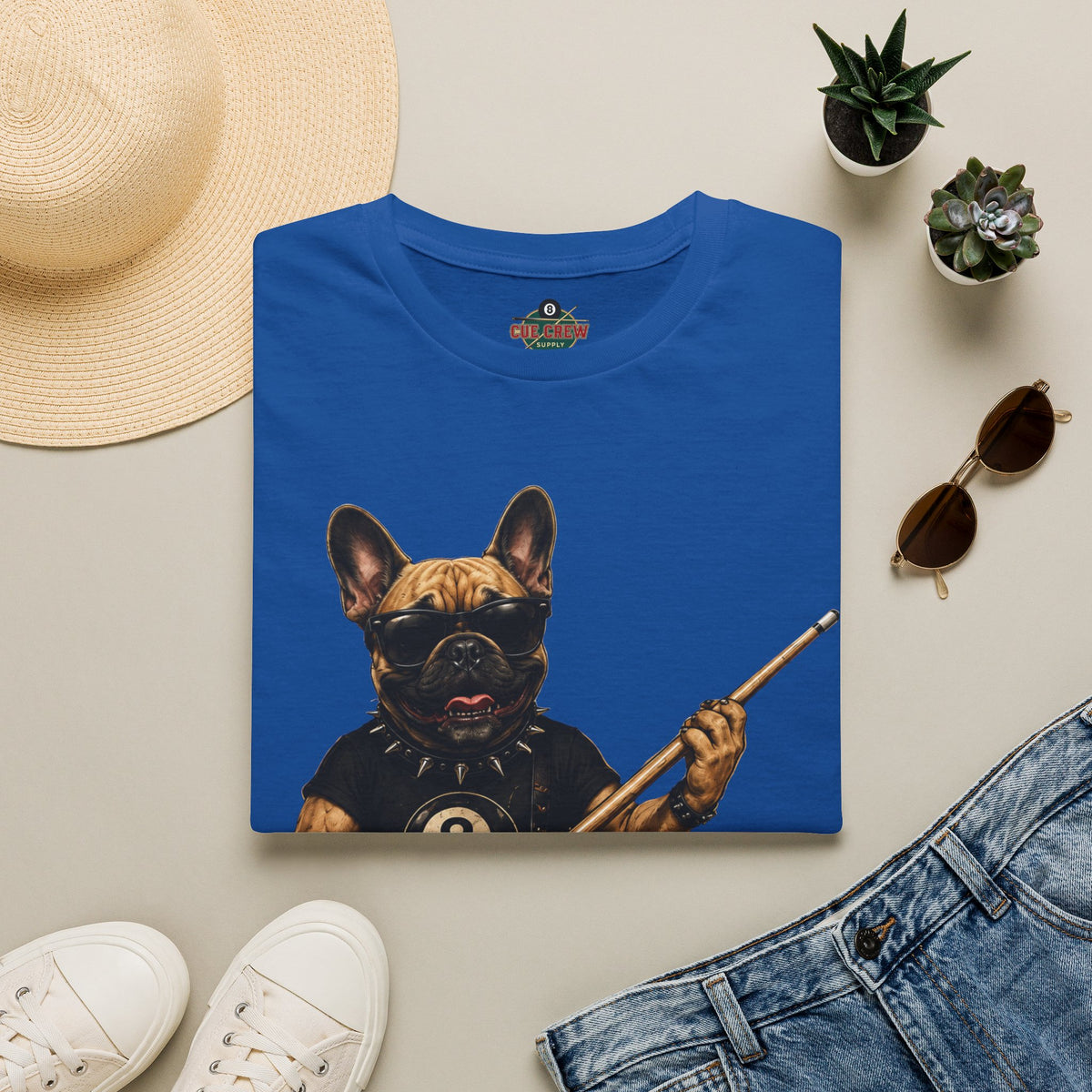 Rockin' French Bulldog Playing Cue Guitar Funny Billiards T-Shirt | Pool Dog Graphic Front Print Unisex Tee