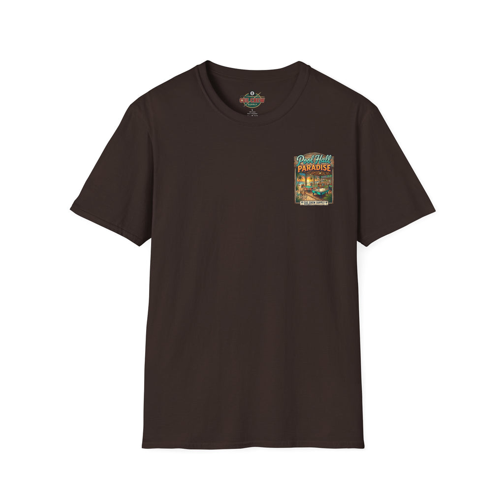 Pool Hall Paradise Tropical Billiards T-Shirt | Beach Bar Pool Player Graphic Tee | Front & Back Print