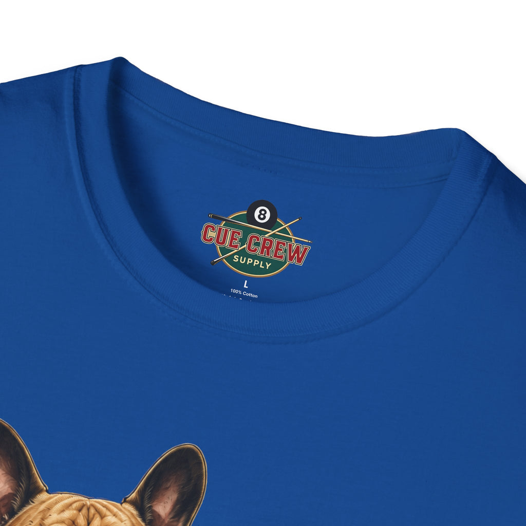 Rockin' French Bulldog Playing Cue Guitar Funny Billiards T-Shirt | Pool Dog Graphic Front Print Unisex Tee