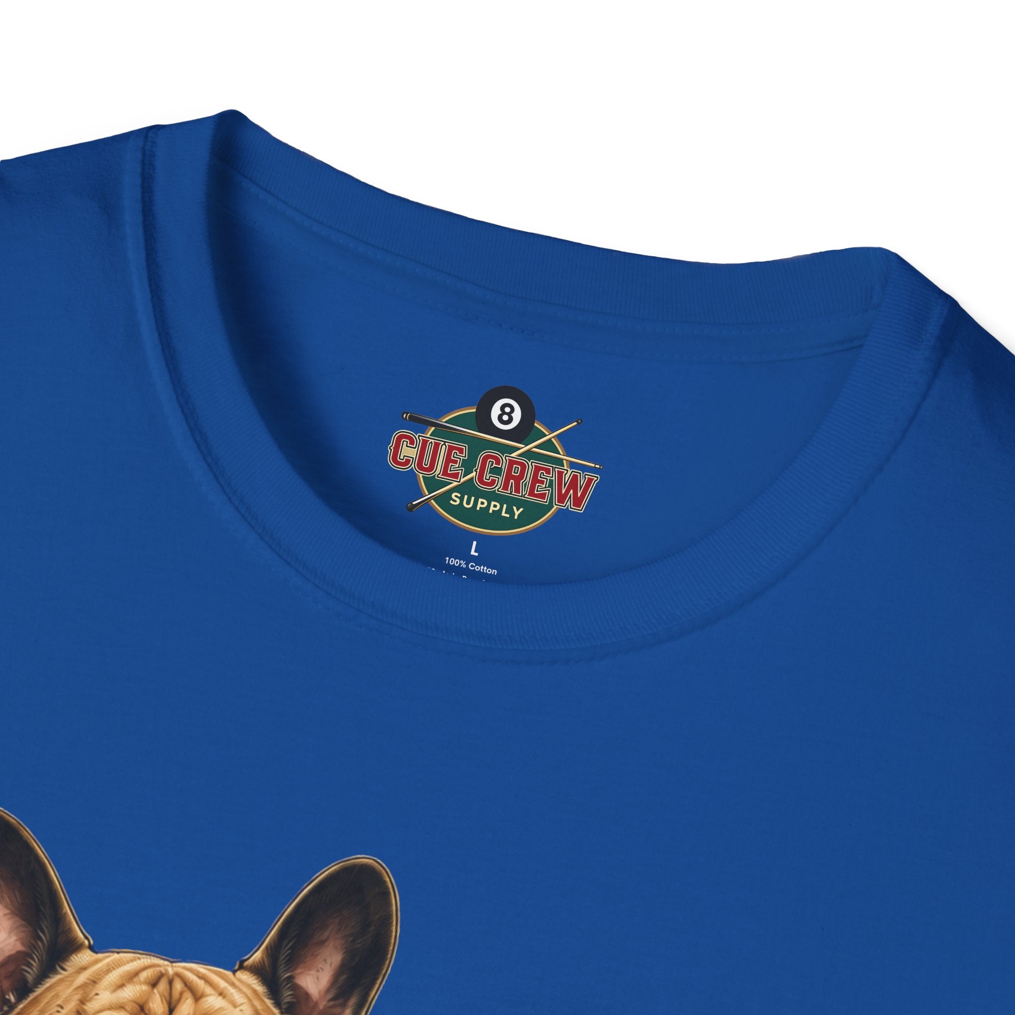Rockin' French Bulldog Playing Cue Guitar Funny Billiards T-Shirt | Pool Dog Graphic Front Print Unisex Tee