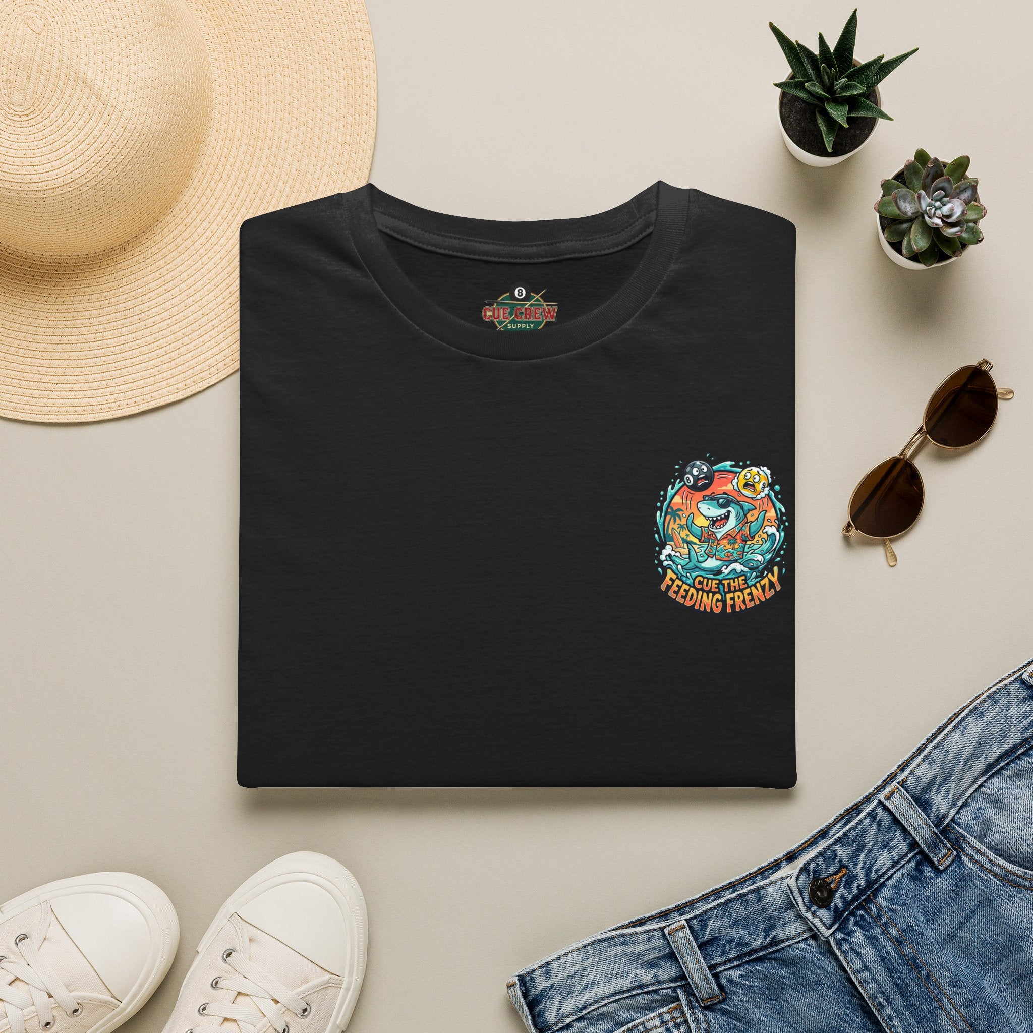 Cue the Feeding Frenzy Shark Billiards T-Shirt | Tropical Pool Player Graphic Tee | Front & Back Print