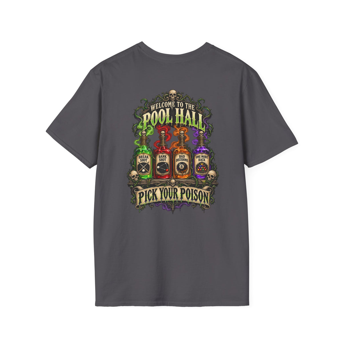 Pick Your Poison – Halloween Billiards T-Shirt – Front & Back Pool Tee | CCS-HST-003