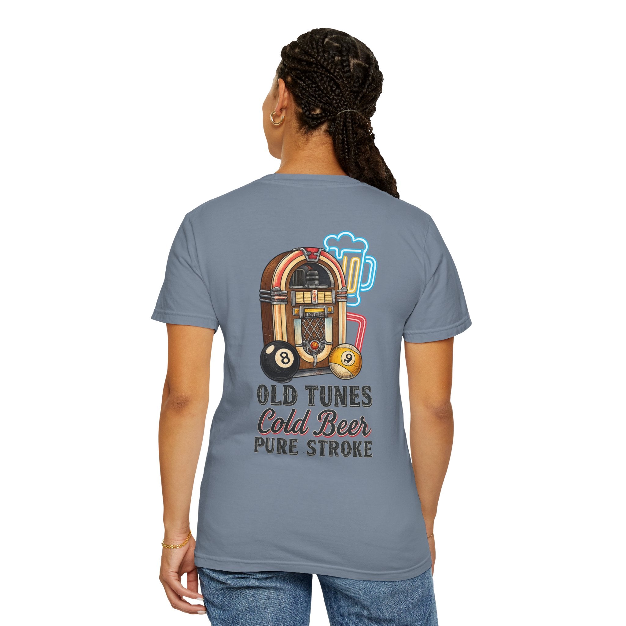 Old Tunes Cold Beer Pure Stroke Retro Music & Pool Comfort Colors Tee