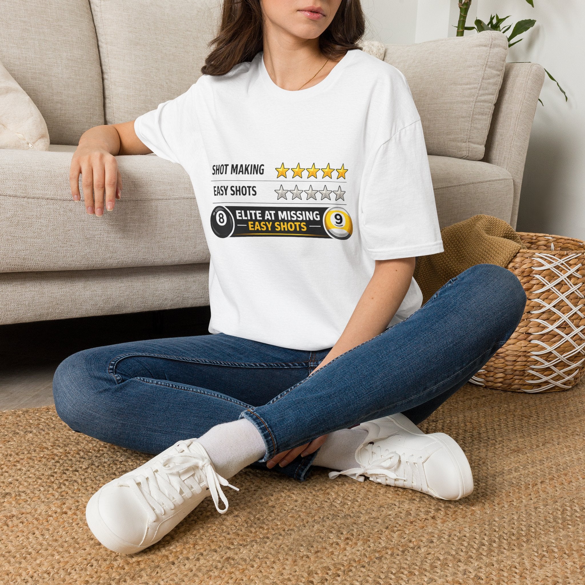 Elite At Missing Easy Shots Funny Billiards T-Shirt | 8 Ball & 9 Ball Graphic Unisex Tee | Front Print Only