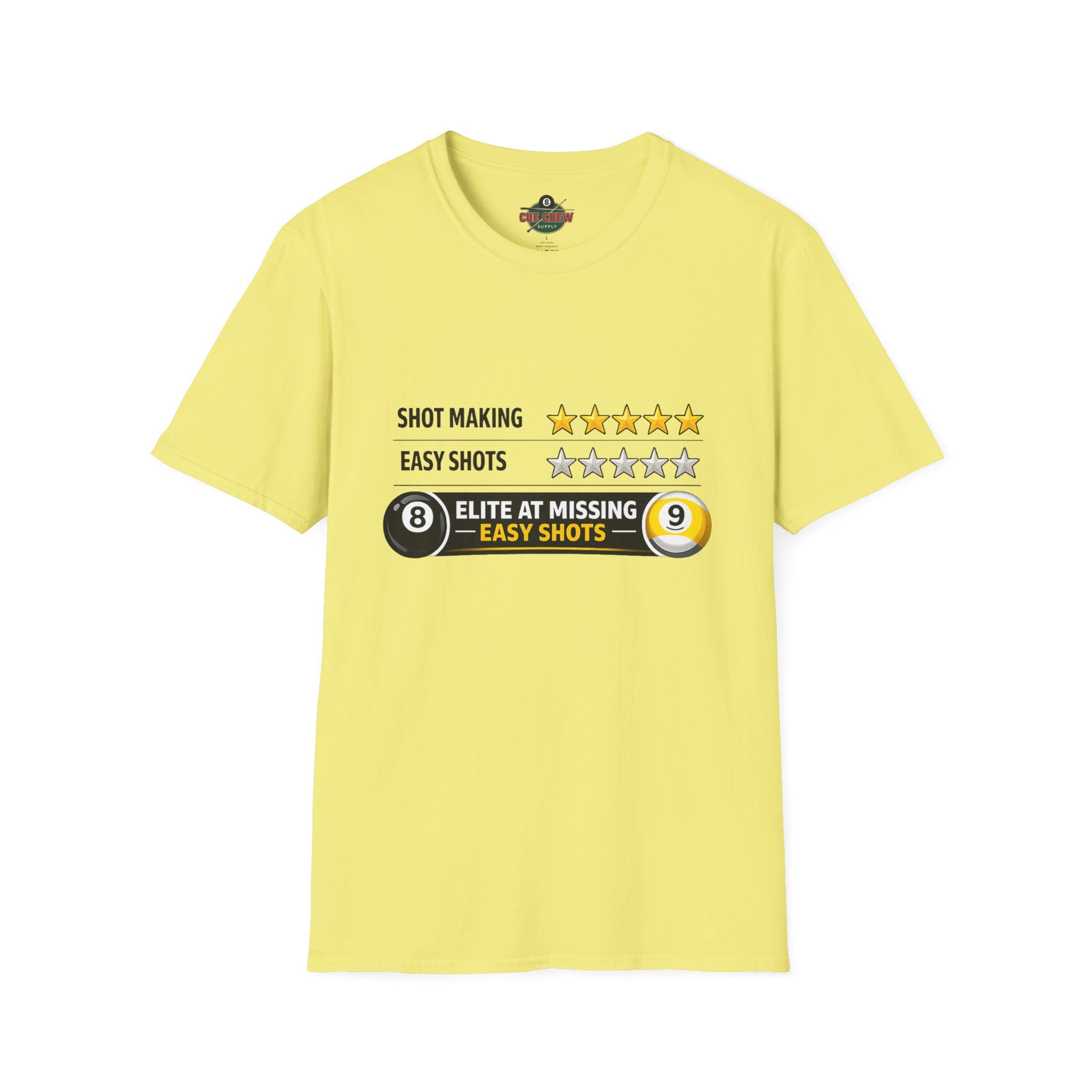Elite At Missing Easy Shots Funny Billiards T-Shirt | 8 Ball & 9 Ball Graphic Unisex Tee | Front Print Only