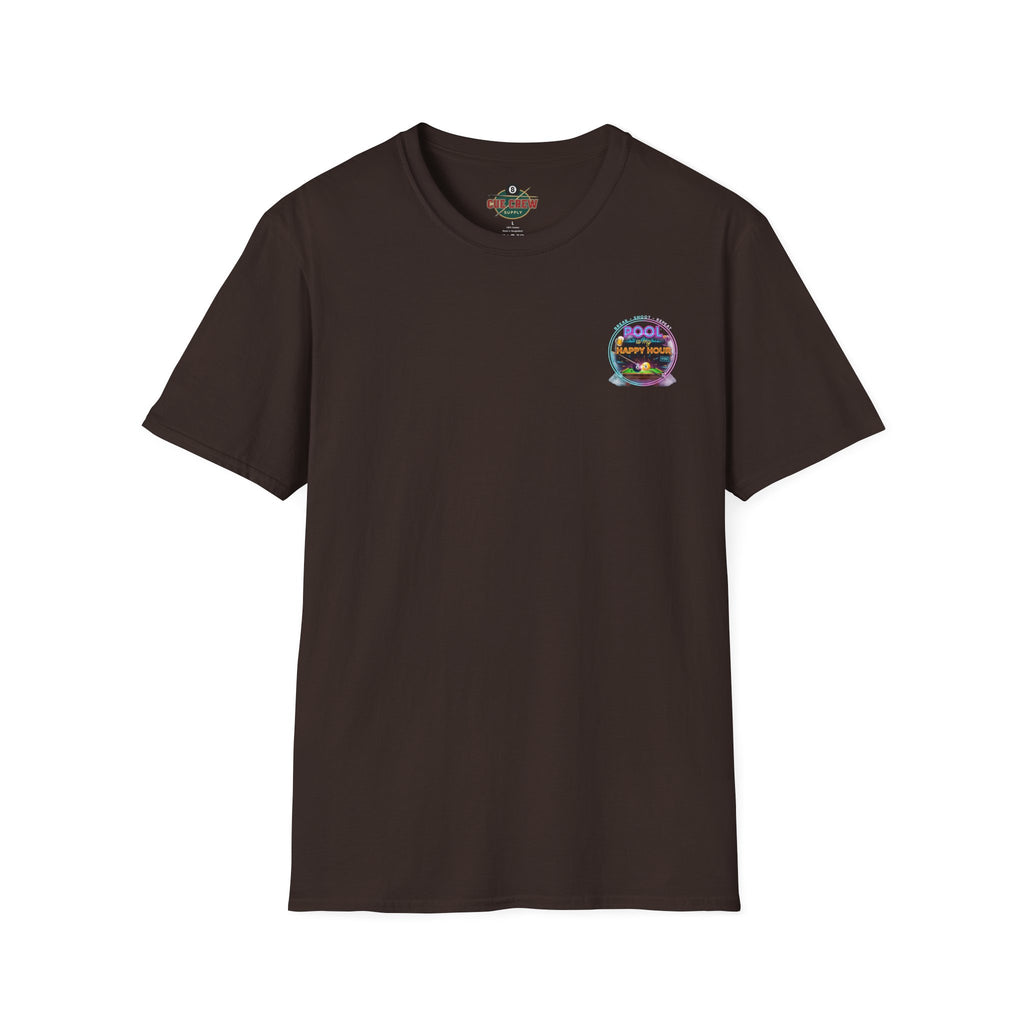 Pool Is My Happy Hour Funny Billiards T-Shirt | Neon Pool Hall Graphic Tee | Front & Back Print