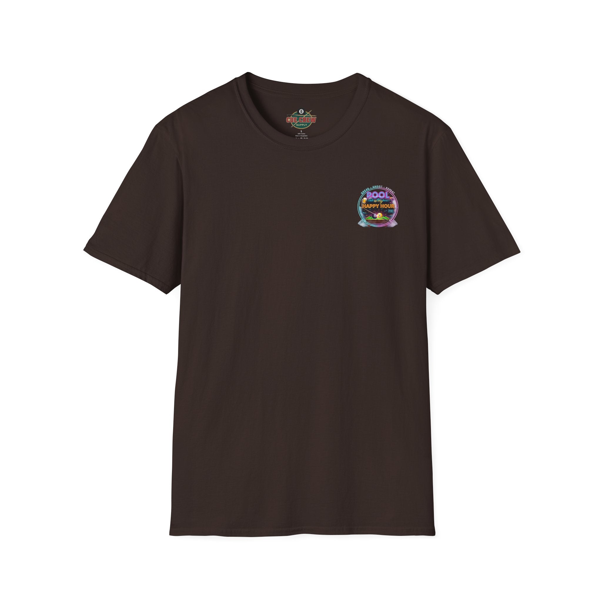 Pool Is My Happy Hour Funny Billiards T-Shirt | Neon Pool Hall Graphic Tee | Front & Back Print