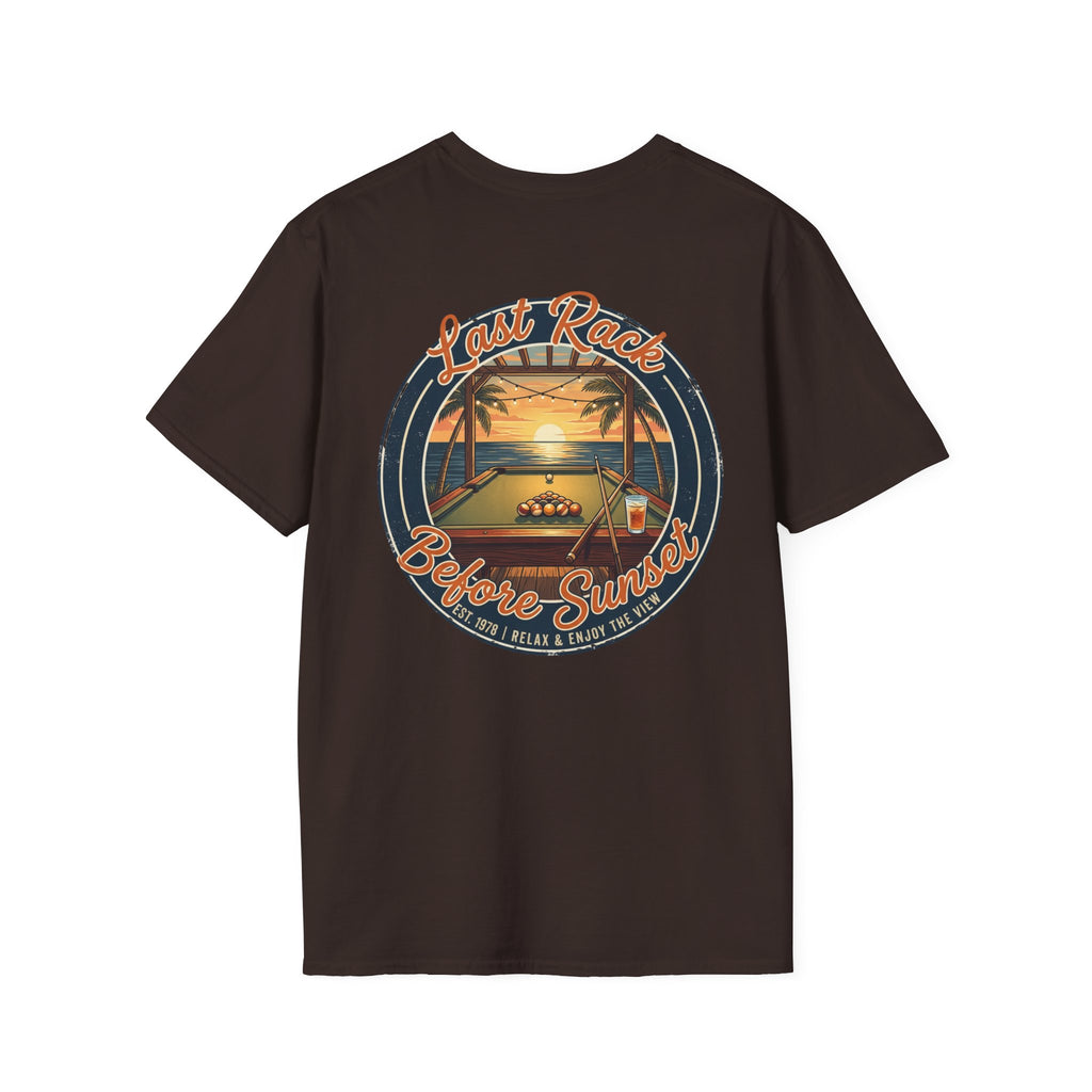 Last Rack Before Sunset Billiards T-Shirt | Tropical Pool Player Beach Graphic Tee | Front & Back Print