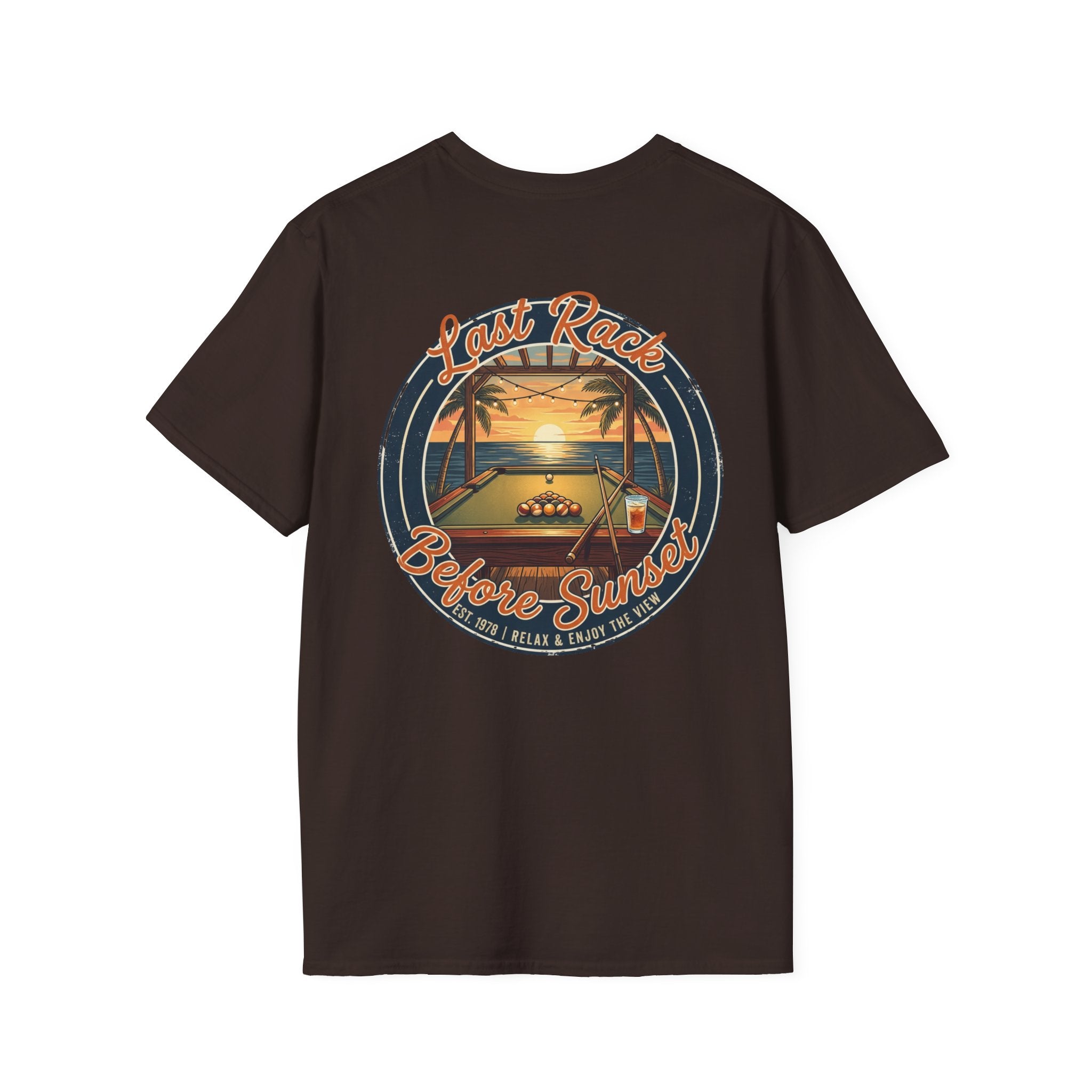 Last Rack Before Sunset Billiards T-Shirt | Tropical Pool Player Beach Graphic Tee | Front & Back Print