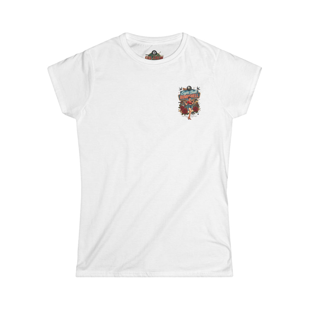 Eight Ball Bombshell V2 Women's Billiards T-Shirt | Retro Pin-Up Pool Player Graphic Tee | Front & Back Print