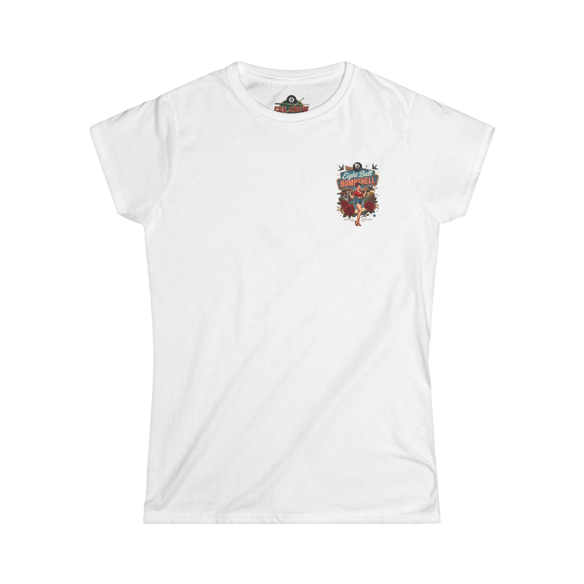 Eight Ball Bombshell V2 Women's Billiards T-Shirt | Retro Pin-Up Pool Player Graphic Tee | Front & Back Print