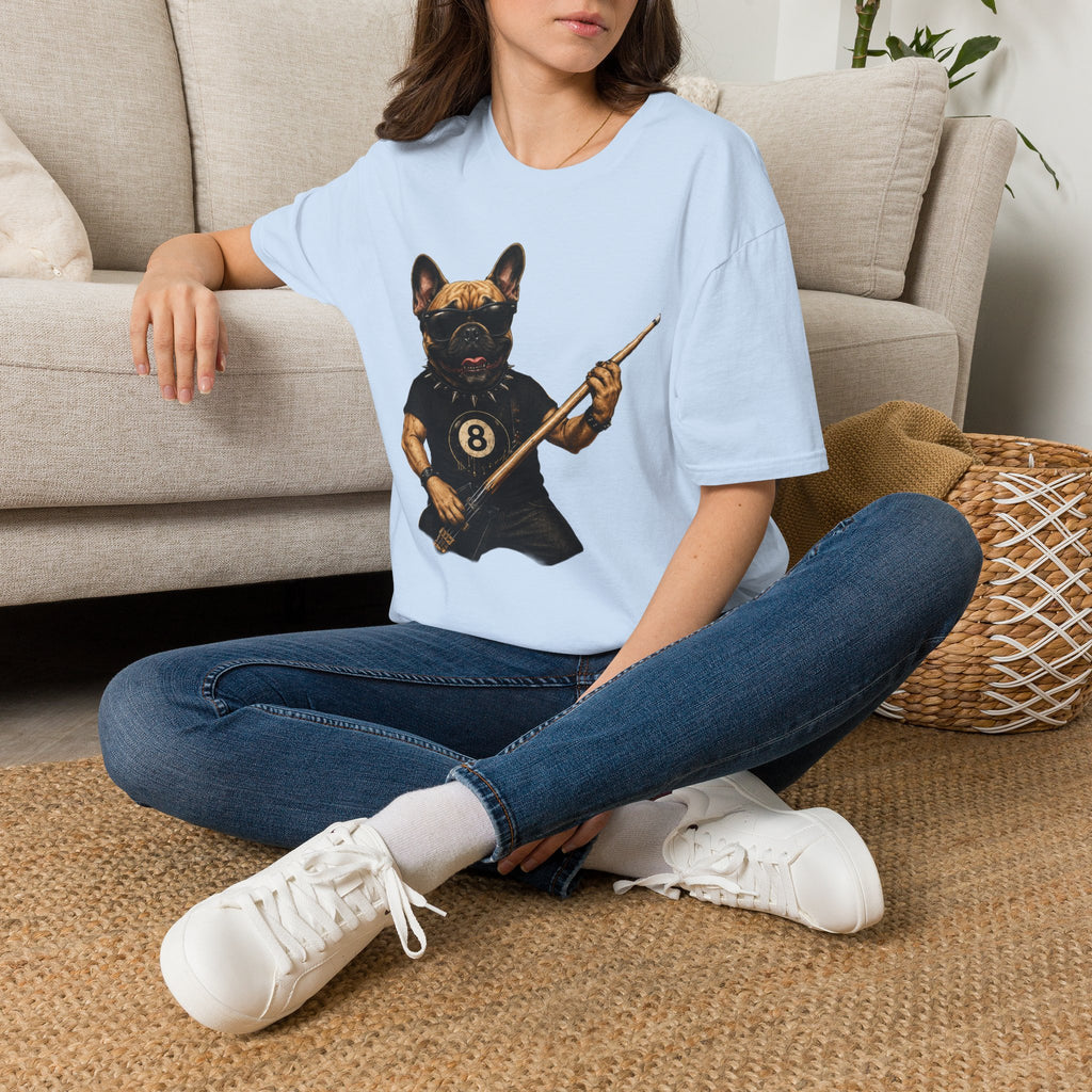 Rockin' French Bulldog Playing Cue Guitar Funny Billiards T-Shirt | Pool Dog Graphic Front Print Unisex Tee