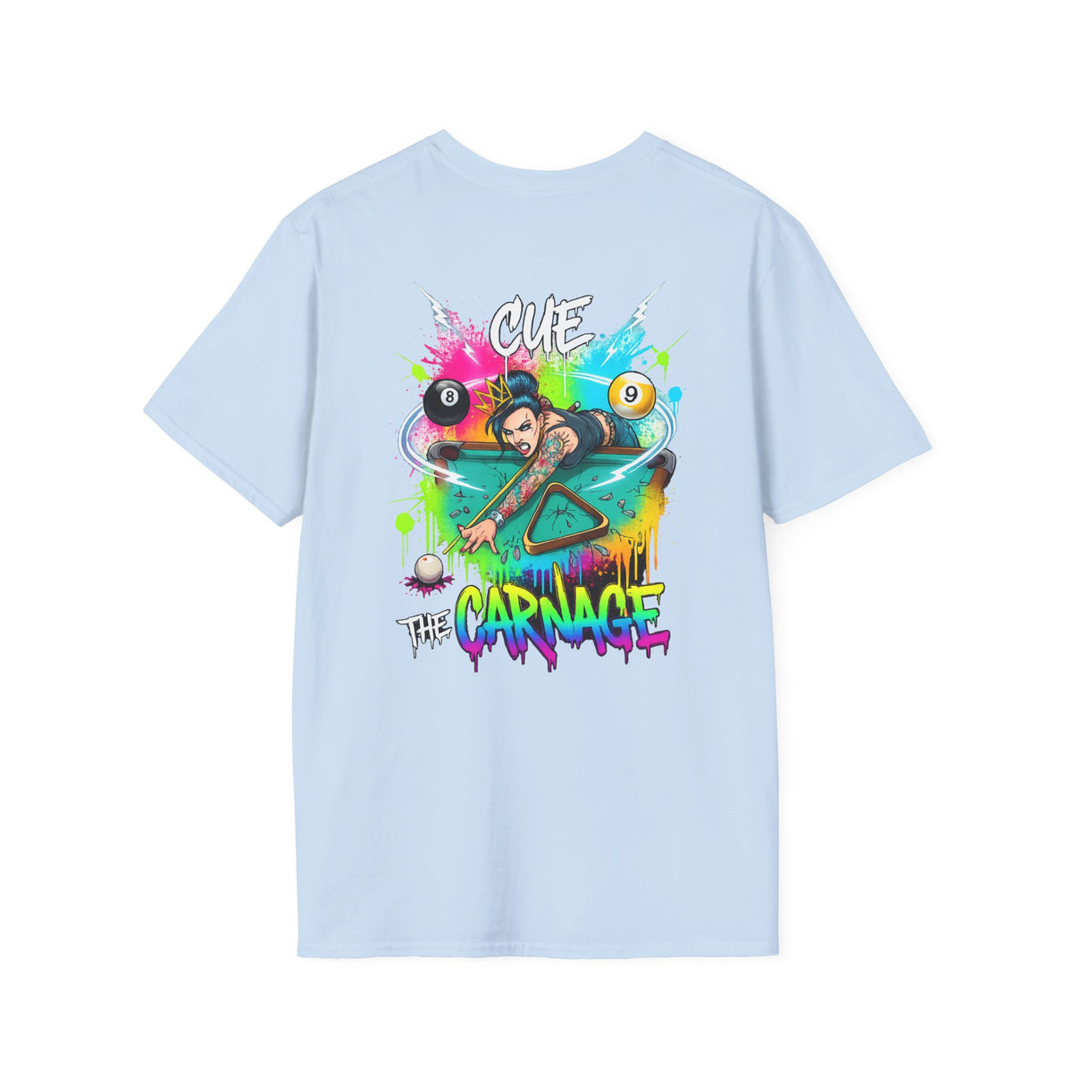 Cue the Carnage Funny Billiards T-Shirt – Tattooed Pool Shark Graphic Tee | Front & Back Print