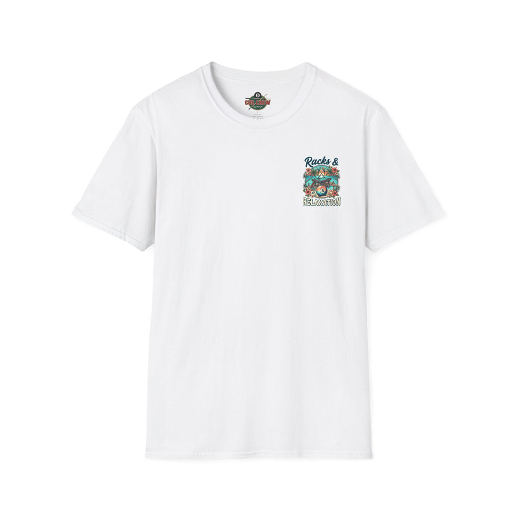 Racks & Relaxation Tropical Billiards T-Shirt | Beach Pool Player Graphic Tee | Front & Back Print