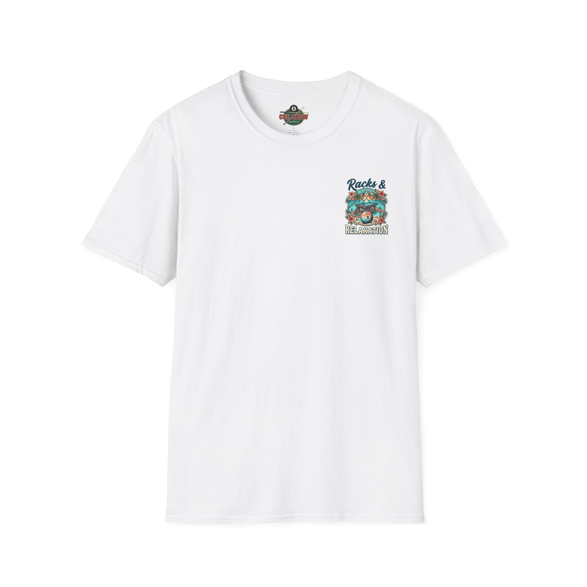 Racks & Relaxation Tropical Billiards T-Shirt | Beach Pool Player Graphic Tee | Front & Back Print